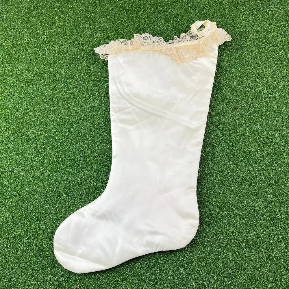 Vintage 1980s Giordano Art Christmas Stocking Satin Lace Babys First Christmas